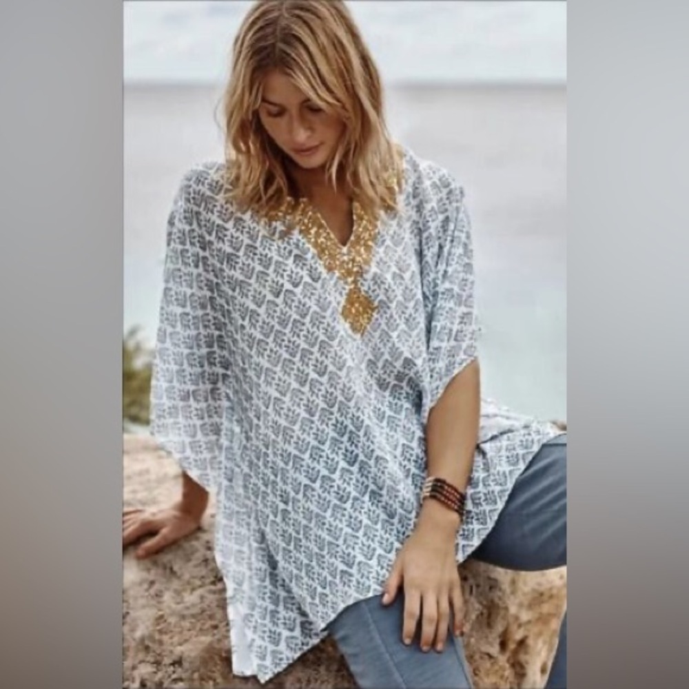 J.Jill Womens Large XL Gray White Boho Block Print Poncho Shirt Lightweight Boho